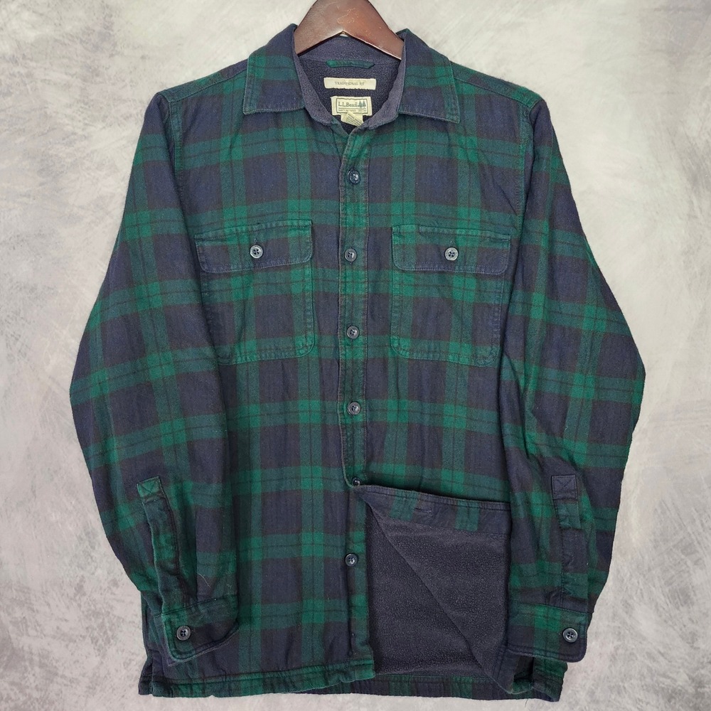 LL Bean Fleece Lined Flannel Shirt Jacket Mens Small Black Watch Plaid Shacket